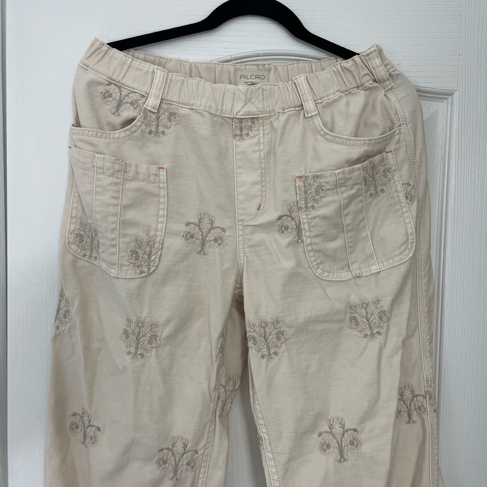 Pilcro Anthropologie ivory pull on pants floral S wide leg high waist jeans - Picture 9 of 11